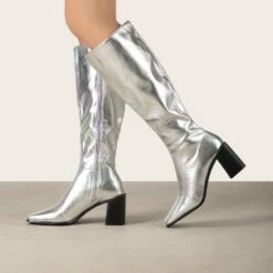 RAID Blick Block Heeled Long Boot In Silver -Raid London Sales Store Blick Silver 3 36c8988a c599 4a9e b051 635397c297ec