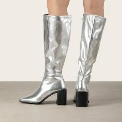 RAID Blick Block Heeled Long Boot In Silver -Raid London Sales Store Blick Silver 4 94fb9751 615d 41de 8f93 7972b6e61087