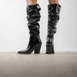RAID Estacia Ruched Long Boot In Black Patent -Raid London Sales Store Estacia Black 3