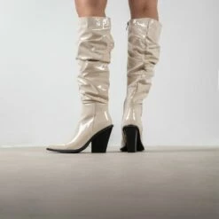 RAID Estacia Ruched Long Boot In Off White Patent -Raid London Sales Store Estacia OffWhite 3