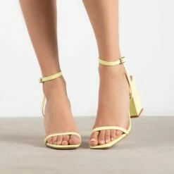 RAID Garry Block Heel Sandal In Lime Patent -Raid London Sales Store Garry Yellow 1