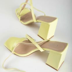 RAID Garry Block Heel Sandal In Lime Patent -Raid London Sales Store Garry Yellow 4
