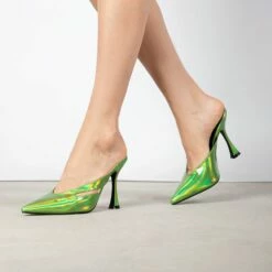 RAID Kinsley Heeled Mule In Green Holographic -Raid London Sales Store Kinsley Green 3