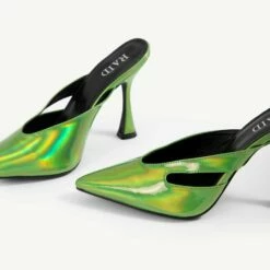 RAID Kinsley Heeled Mule In Green Holographic -Raid London Sales Store Kinsley Green 5