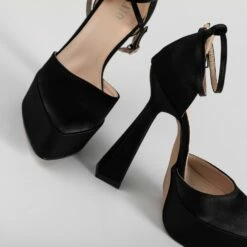 RAID Pearly Platform Heel Pump In Black Satin -Raid London Sales Store Pearly Black 4