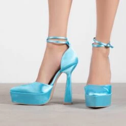 RAID Pearly Platform Heel Pump In Blue Satin -Raid London Sales Store Pearly Blue 1