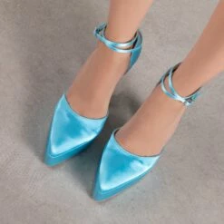 RAID Pearly Platform Heel Pump In Blue Satin -Raid London Sales Store Pearly Blue 2