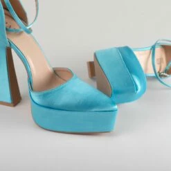RAID Pearly Platform Heel Pump In Blue Satin -Raid London Sales Store Pearly Blue 4