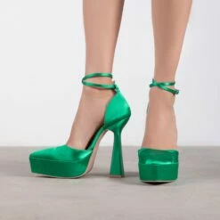 RAID Pearly Platform Heel Pump In Green Satin -Raid London Sales Store Pearly Green 1
