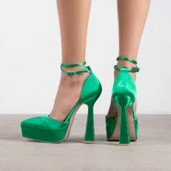RAID Pearly Platform Heel Pump In Green Satin -Raid London Sales Store Pearly Green 3