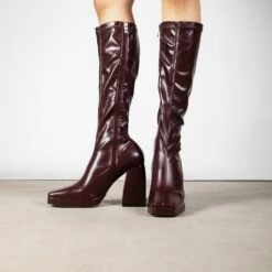 RAID Rainbow Block Heeled Long Boot In Burgundy -Raid London Sales Store Rainbow Burgundy 3