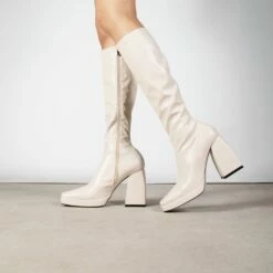 RAID Rainbow Block Heeled Long Boot In Cream -Raid London Sales Store Rainbow Cream 1