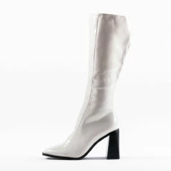 RAID Lenore Knee High Boot In Off White Crinkle Patent -Raid London Sales Store lenore white